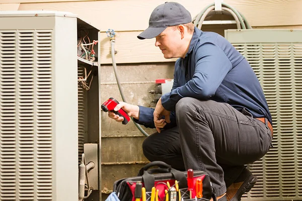 HVAC technician crouches by an outdoor air conditioner condenser, using a handheld tool to inspect wiring.